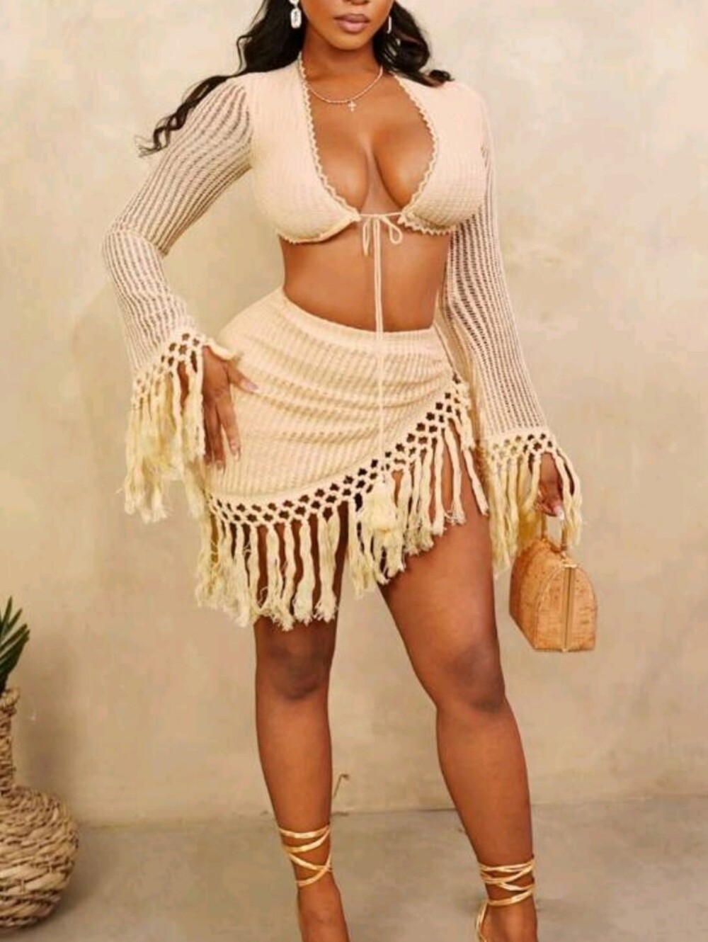 Beige Crochet Fringe Two-Piece Swim Cover-Up Set